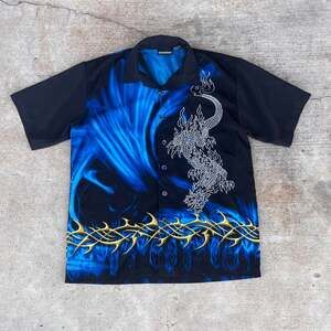 Vintage Y2K ODO Dragon and Blue Flame Tribal Button Up Shirt